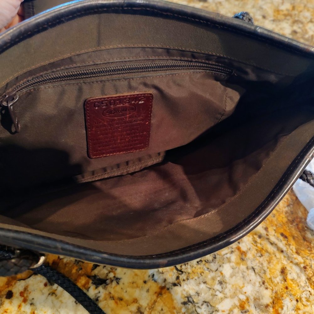 Brighton shoulder bag, brown weave with embossed panel, silver accents13X8" - Picture 14 of 15